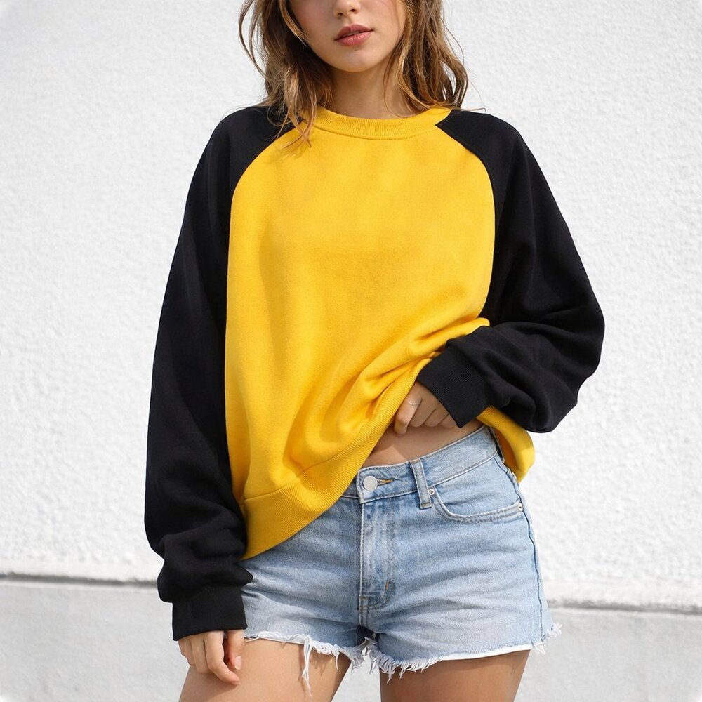 Womens Yellow & Black Colorblock Sweatshirt Raglan Sleeve Yellow Black Long Slee